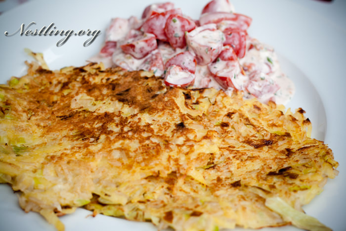 Lauch-Kartoffelpuffer mit Reis und Tomaten - Nestling